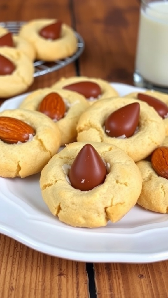 A plate of Almond Joy Cookies with chocolate chips and almonds, served with a glass of milk.
